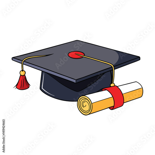Graduation Cap with Tassel and Diploma Cartoon on White Background