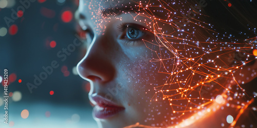 Futuristic woman face with glowing neural data connections