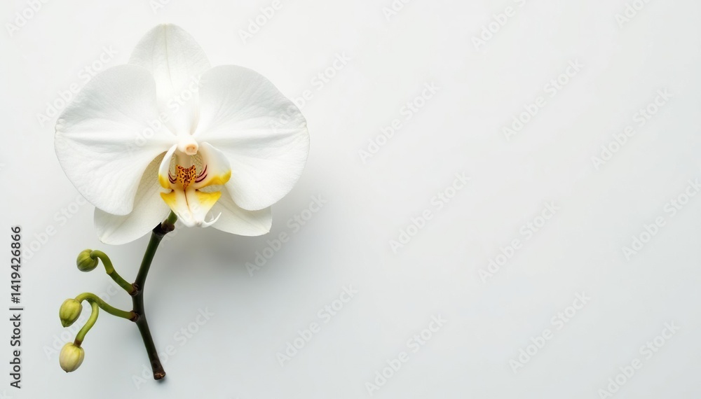 Delicate white orchid blossom on pure white backdrop, fresh, delicate Delicate white orchid blossom on pure white backdrop, fresh, delicate