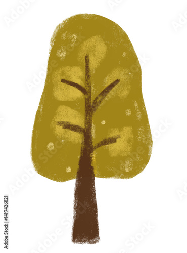 Cute gold olive green golden autumn tree pastel color crayon watercolour kids illustration doodle png transparent clipart sticker