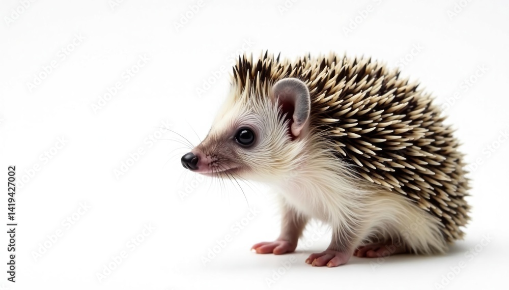 Single hedgehog, facing right, on stark white, background, insectivore, animal close up Single hedgehog, facing right, on stark white, background, insectivore, animal close up