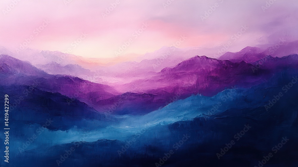 Obraz premium Misty mountain range, sunrise, purple and blue hues. Use desktop wallpaper