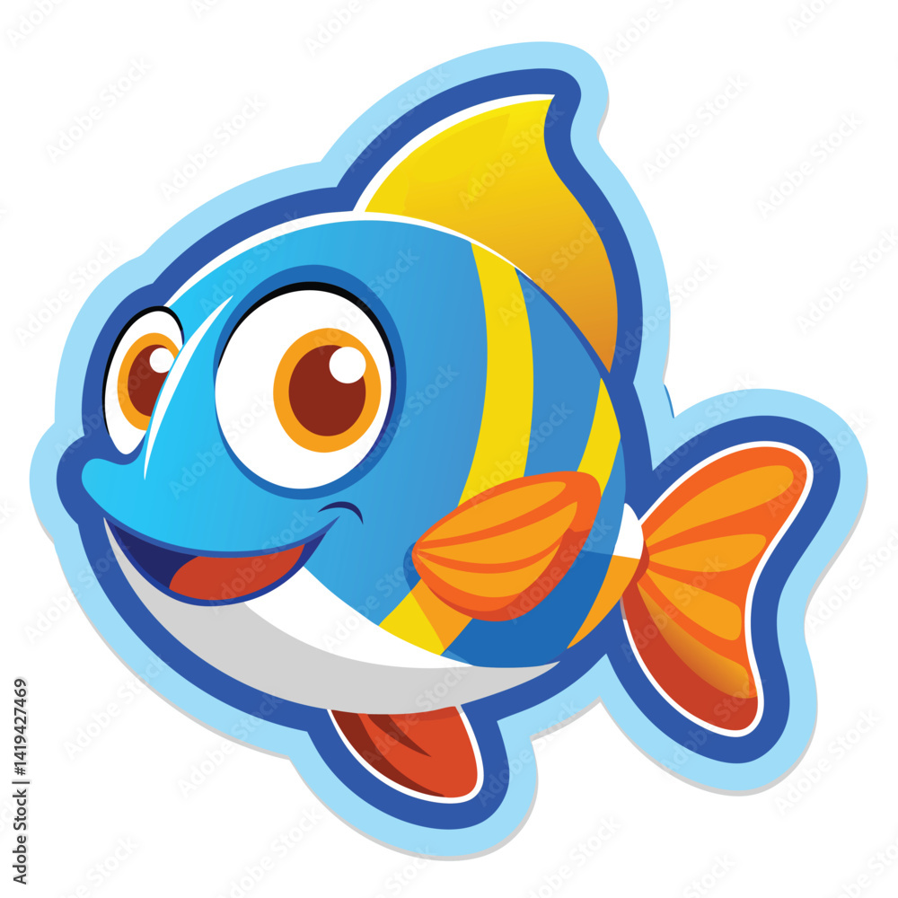 Obraz premium Animated Fish Character Smiling with Blue and Yellow Scales on White Background