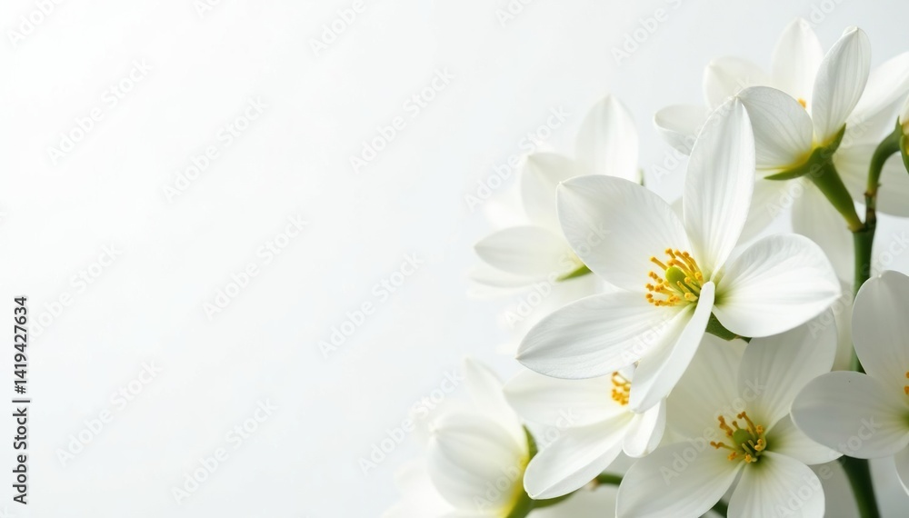 Close-up of pristine white flowers on stark white backdrop, botanical, blossom Close-up of pristine white flowers on stark white backdrop, botanical, blossom