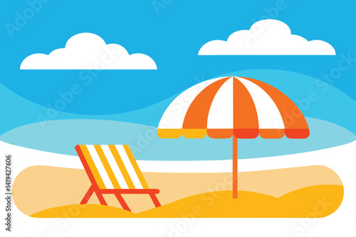 Beach Chair and Umbrella on Sand with Sky and Clouds
