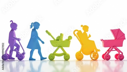 Pastel rainbow colored stroller silhouettes on white background, vector, colorful
