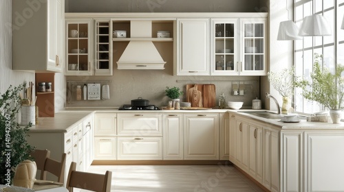 Bright and elegant kitchen featuring shaker style cabinetry and appliances