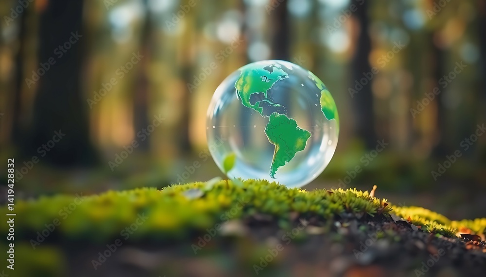 A fragile glass globe rests gently on vibrant green moss symbolizing Earth s delicate ecosystem within a serene forest setting with soft natural light and a blurred background A fragile glass globe rests gently on vibrant green moss symbolizing Earth s delicate ecosystem within a serene forest setting with soft natural light and a blurred background