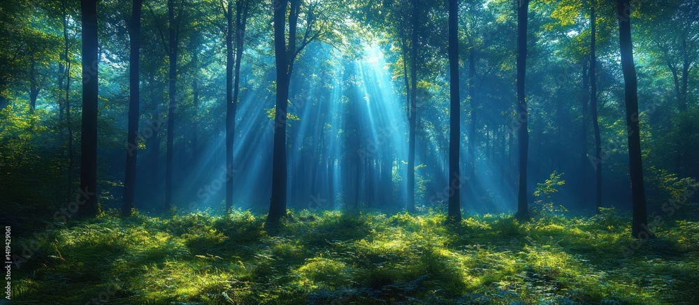 Naklejka premium Sunbeams in Mystical Forest Floor