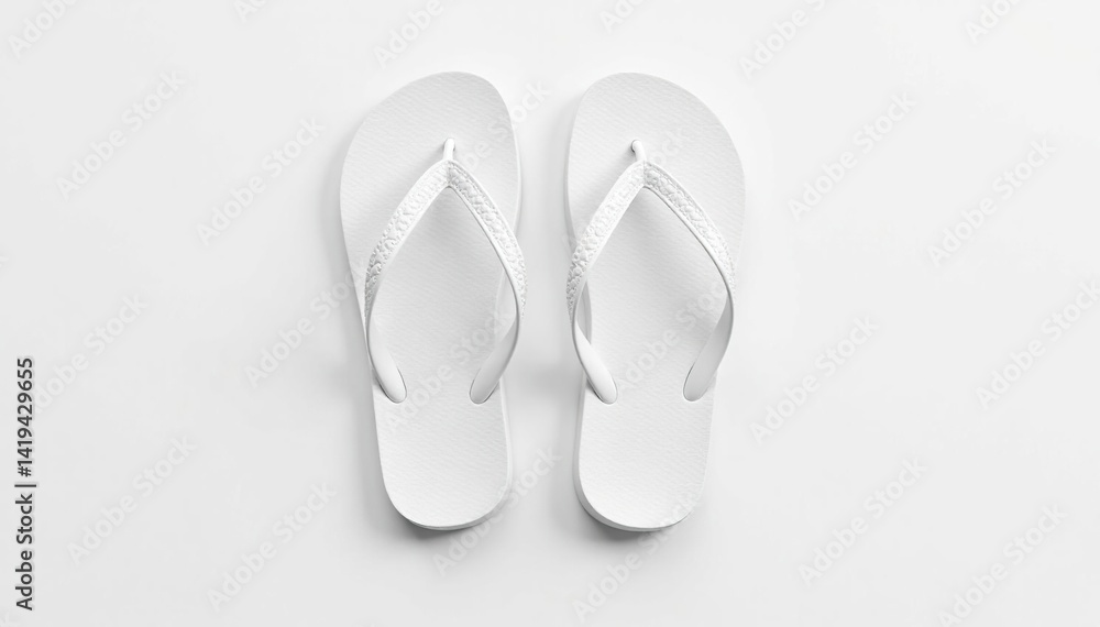 Pair of white flip-flops, isolated, white backdrop, plastic, isolated, soles