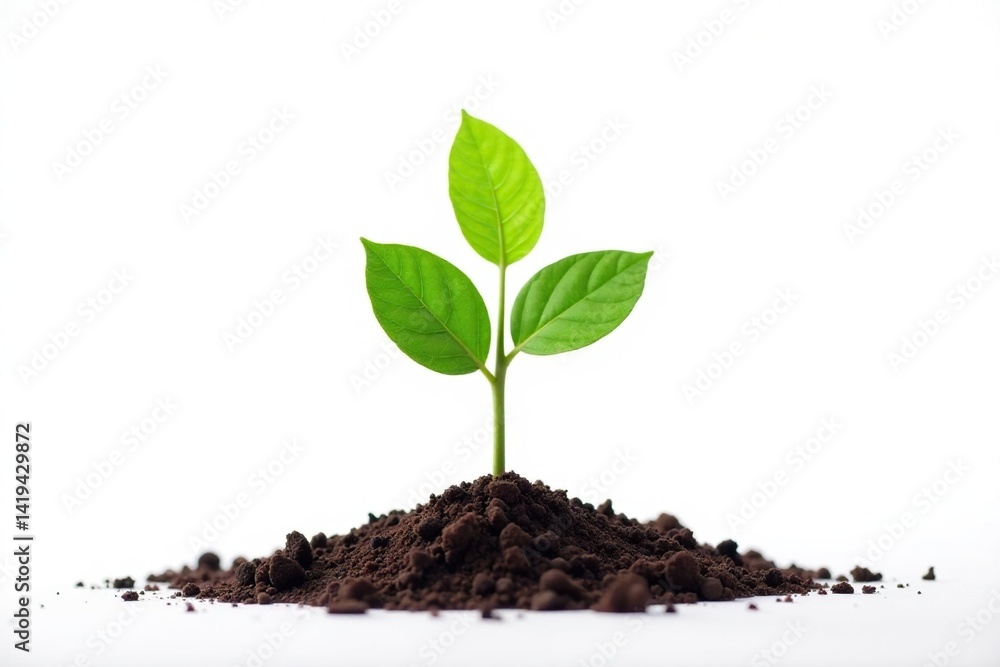 Tiny tree sapling, stark white background; vibrant green leaves, clean, spring, growth