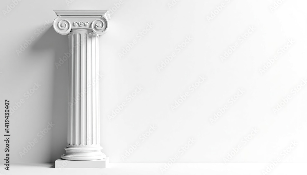 Elegant Roman column against stark white backdrop, heritage, doric, ionic