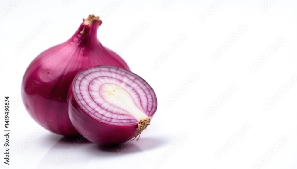 Close-up of red onion, showing layers & texture against pure white, red onion, healthy