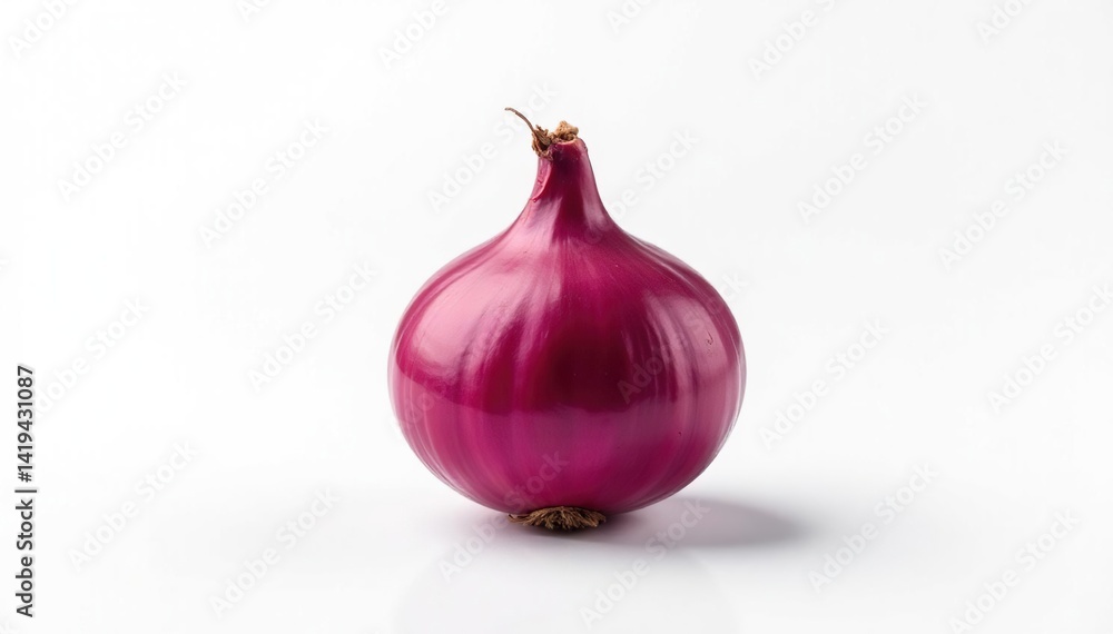 Single red onion, vibrant color, stark white background, raw, purple
