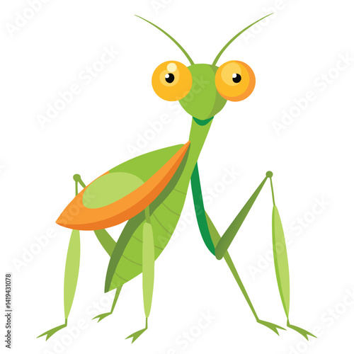 Cartoon Praying Mantis Character, Green Insect with Big Eyes on Transparent Background