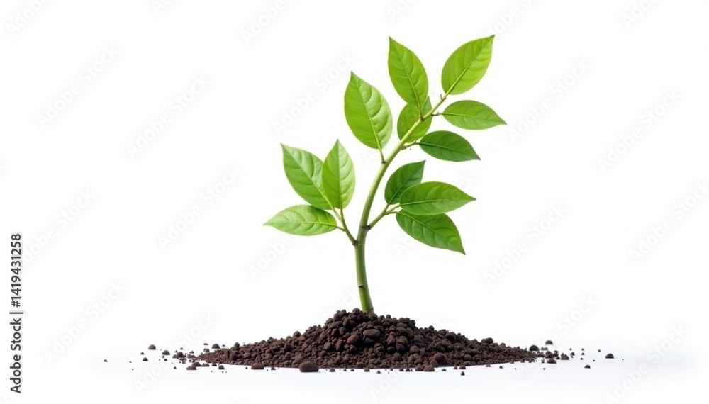 Young tree, isolated on seamless white, showing early growth stages , twig, fresh, new life
