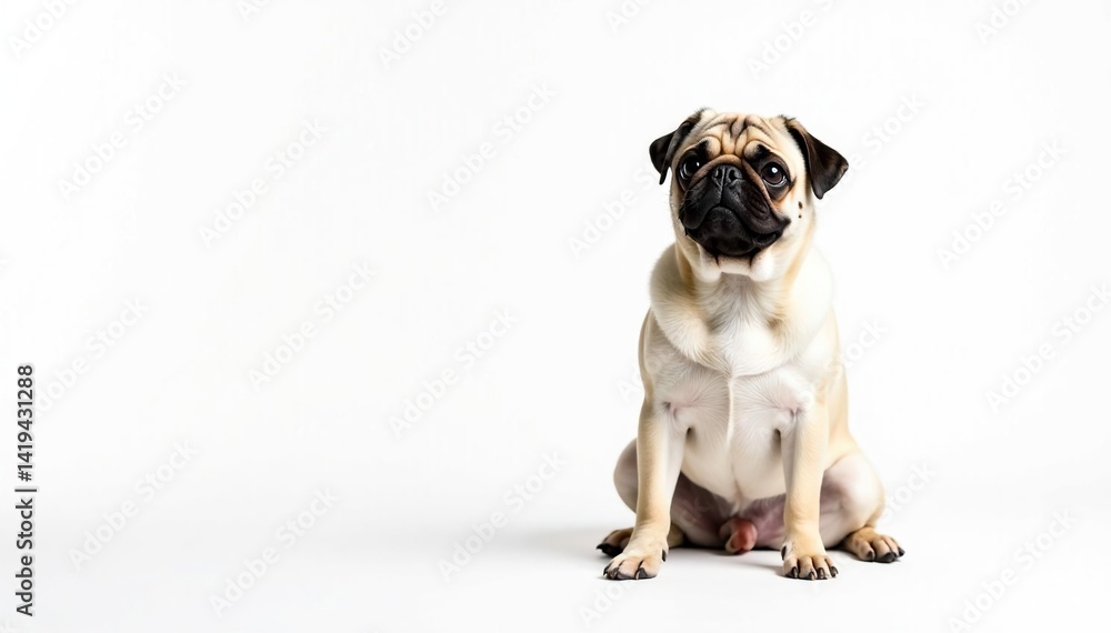 Adorable pug dog sitting, isolated on pure white background, canine, wrinkles, animal