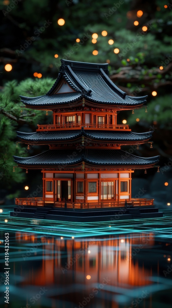 Fototapeta premium Ornate traditional Japanese three-story pagoda with intricate wooden architecture and curved tiled roof reflected on water du evening with glowing bokeh lights