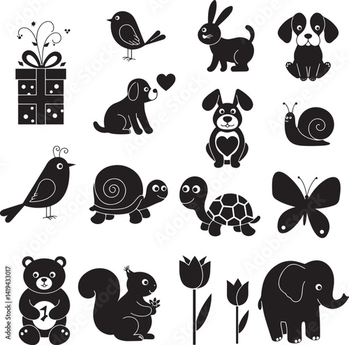 Black and White Cute Animal Silhouettes – Whimsical Vector Icons with Gift Box and Flowers for Nursery Decor