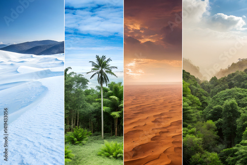 Four climate zones concept image, white arctic tundra, lush tropical forest, arid desert landscape, dense green rainforest, educational geography visuals, weather diversity, global ecosystem compariso