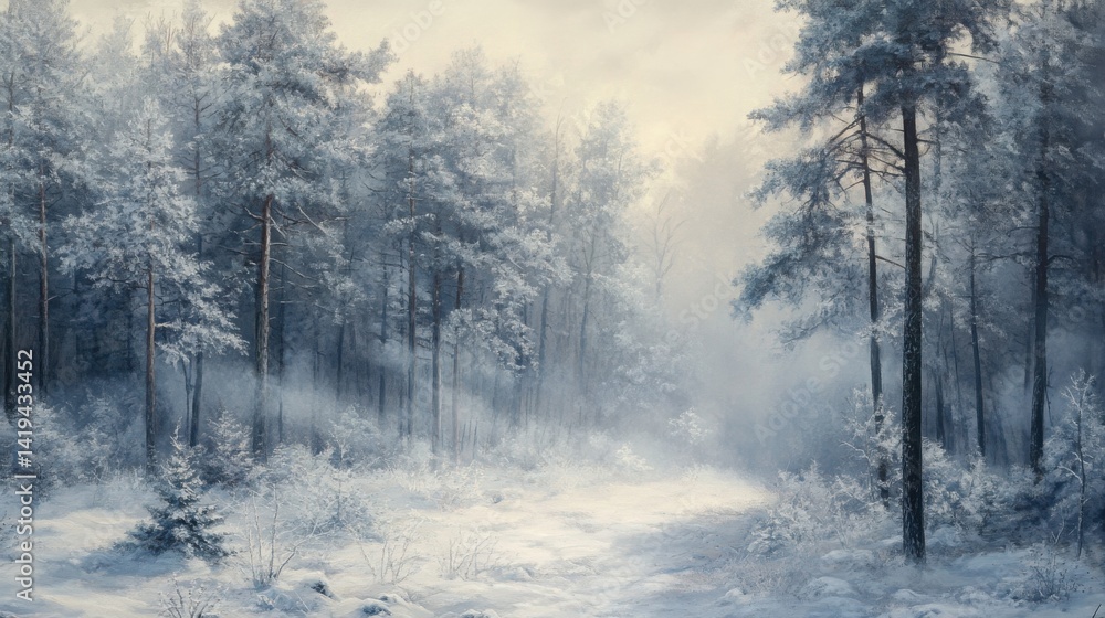 Fototapeta premium A snow-covered forest with tall pine trees dusted in white, icy fog rolling through the branches under a pale winter sky