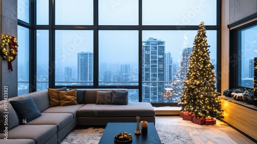 Modern christmas interior with city view through large windows