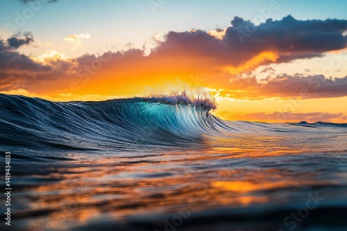 Colourful wave peaking into a flare with sunrise storm stock photo