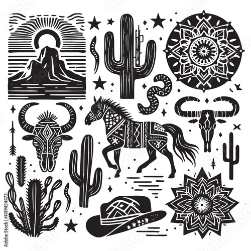 Linocut western boho set vector, Texas desert engraving print collection, vector canyon wildlife, cactus. 
Texture grunge Arizona rodeo graphics, bull, horse, snake, skull silhouette.