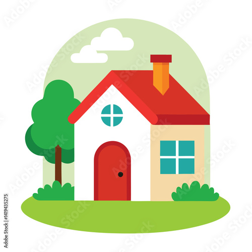 Flat House Icon with Red Roof, Green Yard, Tree, Cloud, and Decorative Background