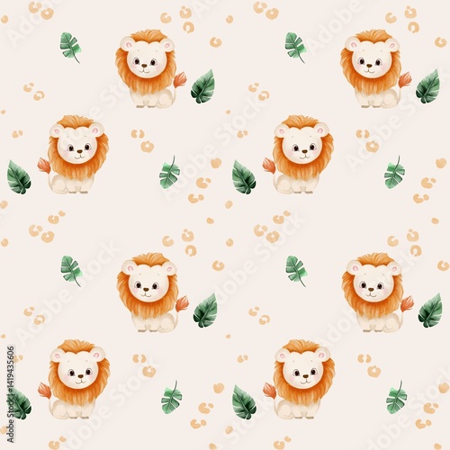 Seamless watercolor pattern featuring lions and tropical leaves.