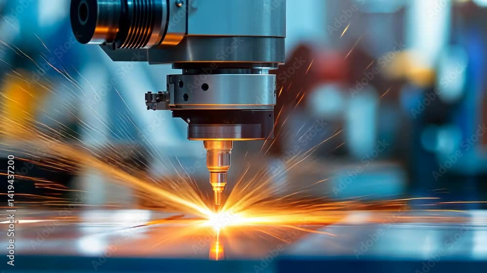 Automated metal cutting process using a laser machine, creating sparks and precision in manufacturing environment. Automated metal cutting process using a laser machine, creating sparks and precision in manufacturing environment.
