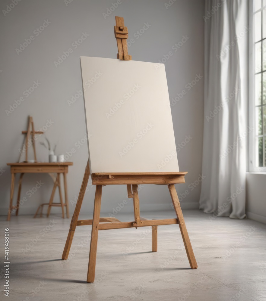 Wooden easel legs supporting a large blank canvas in a studio , space, wood, natural Wooden easel legs supporting a large blank canvas in a studio , space, wood, natural