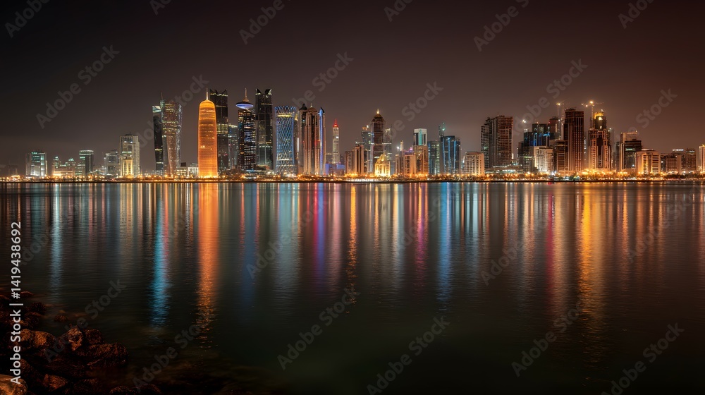 Fototapeta premium Doha skyline cityscape reflects on calm night water.