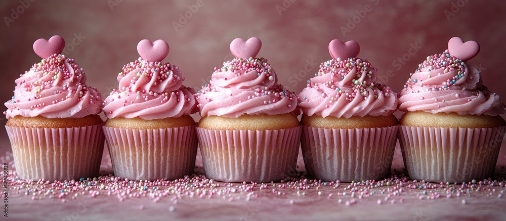 Five Pink Cupcakes with Heart Decorations Five Pink Cupcakes with Heart Decorations