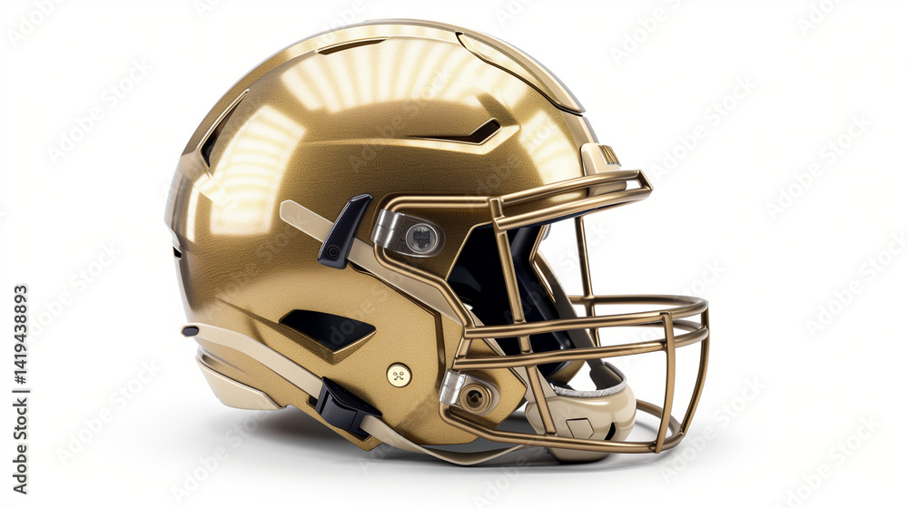 Naklejka premium Gleaming Golden American Football Helmet Isolated on a Pristine White Background, Symbolizing Athletic Achievement and Victory