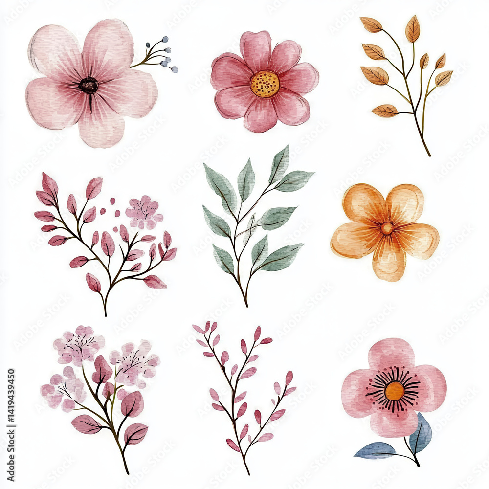 Beautiful floral illustrations featuring various flowers and leaves soft pastel colors, perfect for decorative purposes and design projects. delicate details evoke sense of tranquility and nature