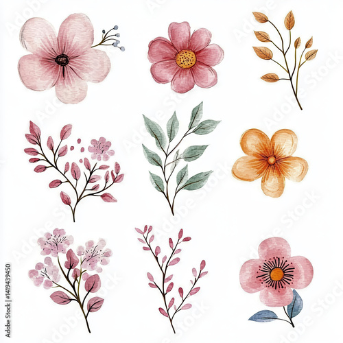 Obraz na płótnie Beautiful floral illustrations featuring various flowers and leaves soft pastel colors, perfect for decorative purposes and design projects. delicate details evoke sense of tranquility and nature w salonie