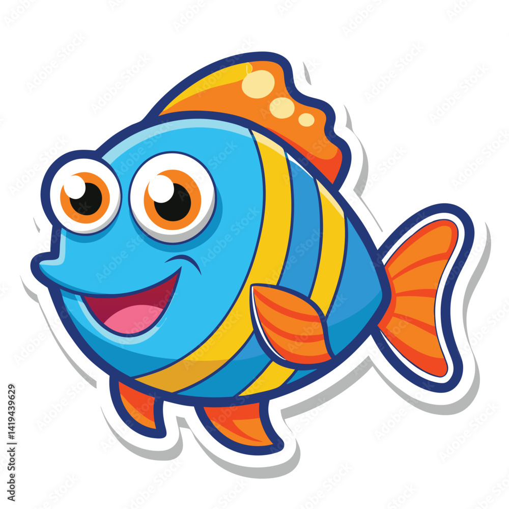 Obraz premium Playful Fish Cartoon with Big Eyes, Blue Body, Yellow Stripes, and Orange Fins