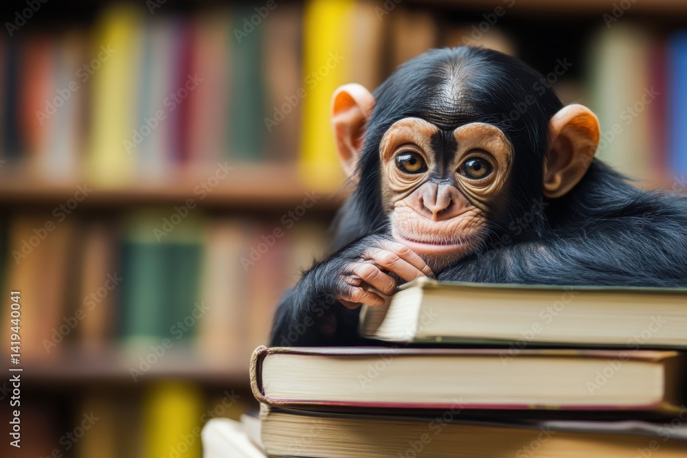 Curious chimpanzee resting on books in a cozy library setting Curious chimpanzee resting on books in a cozy library setting