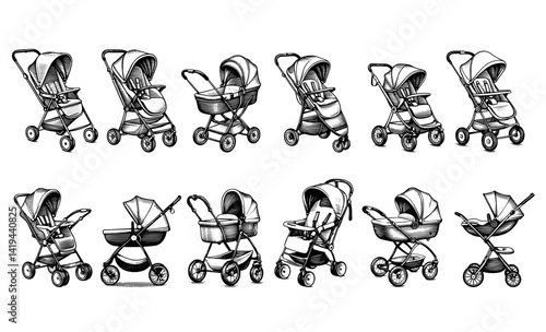 Various baby strollers and prams designs drawing in black and white
