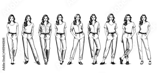 Elegant women in various pants fashion illustration in black and white,vintage