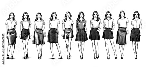 Elegant women in various skirts fashion illustration in black and white,vintage