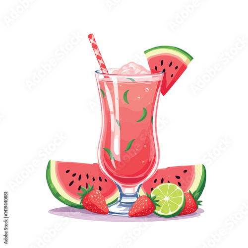 Vsai refreshing watermelon smoothie with lime, strawberry, and mint in hurricane glass