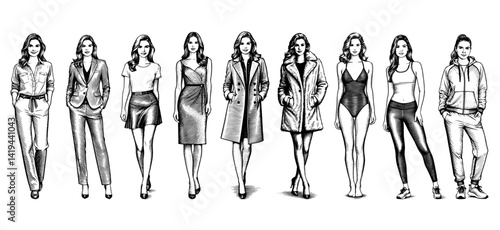 Engraved women fashion styles in black and white diverse collection, vintage