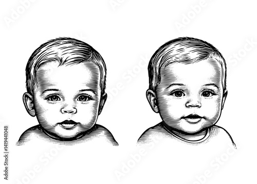 Neutral Babies Portraits Black and White Woodblock Print Style, vintage illustration