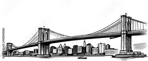 Detailed Manhattan Bridge skyline in black and white New York city view