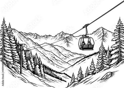 Line drawing mountain chairlift in black and white for ski resort