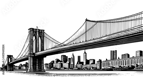 Woodcut Brooklyn Bridge skyline in black and white New York travel