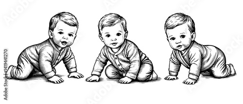 Crawling Babies Black and White Vintage Woodcut Illustrations