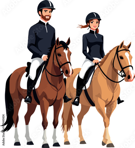 Vsai smiling jockeys riding horses, wearing helmets and equestrian attire